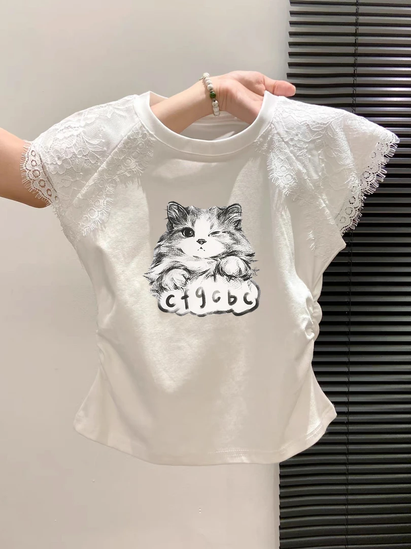 洋气夏季爆款修身蕾丝拼接圆领新款短袖t恤女褶皱收腰小飞袖上衣