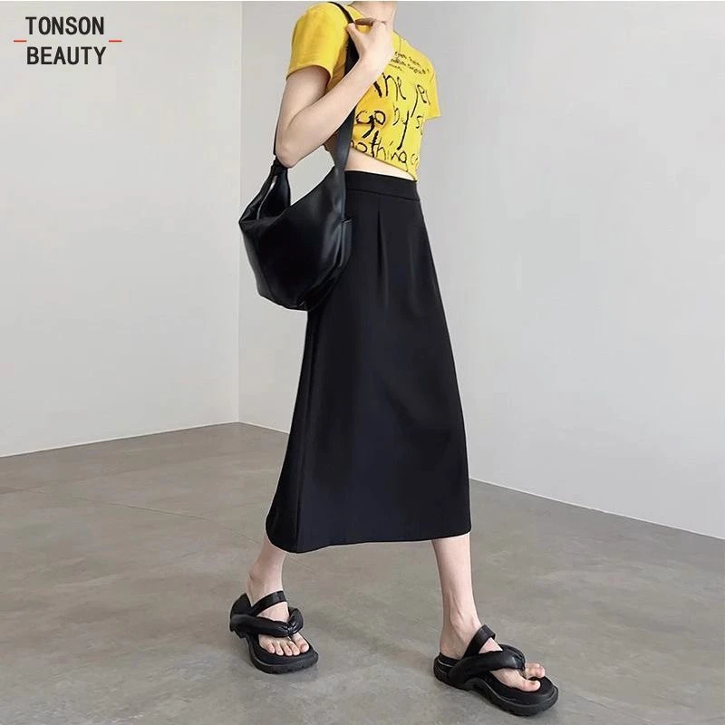 黑色半身裙女夏季薄款高腰显瘦后开叉垂感字中长裙