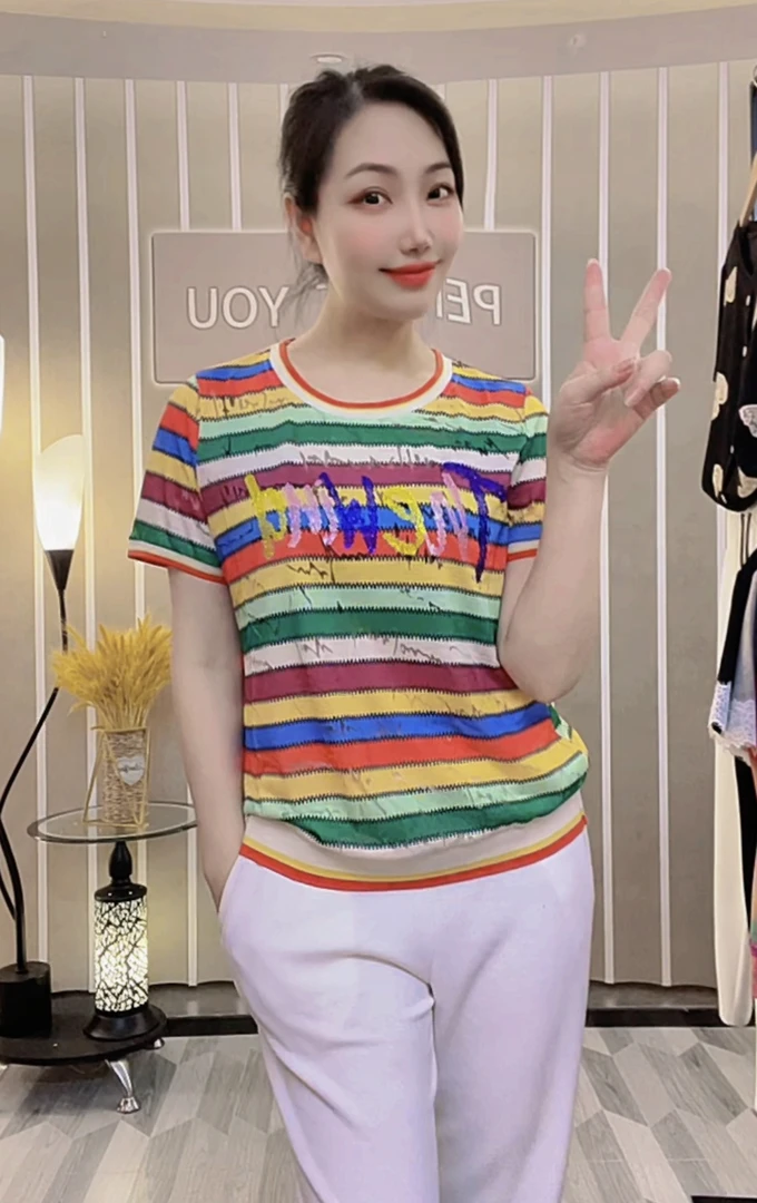 【圆领彩虹条】春夏季新品女士短袖休闲T恤上衣女装时尚半袖69802