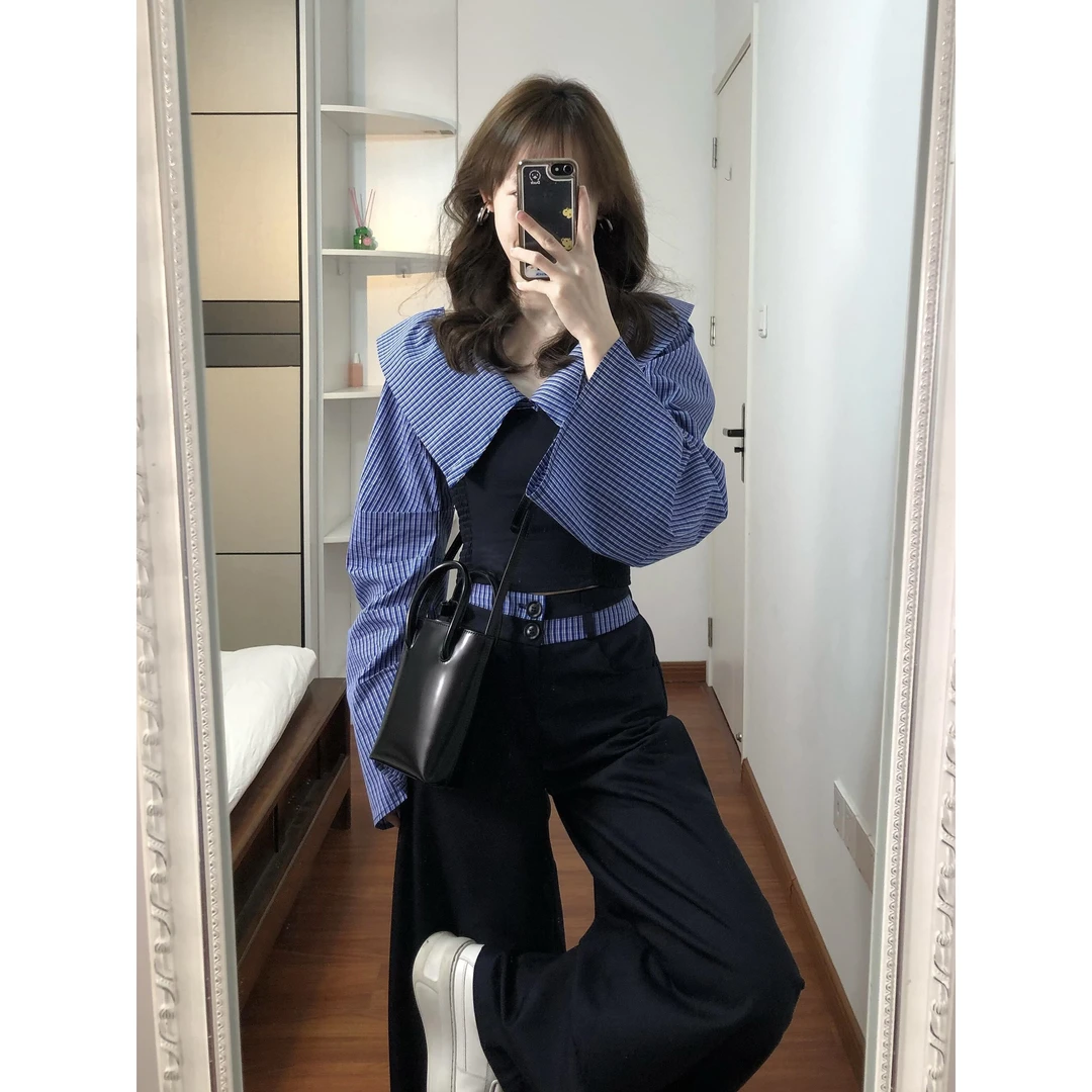 一字肩条纹拼接显瘦修身长袖蓝色上衣学院高腰休闲裤西装裤两件套