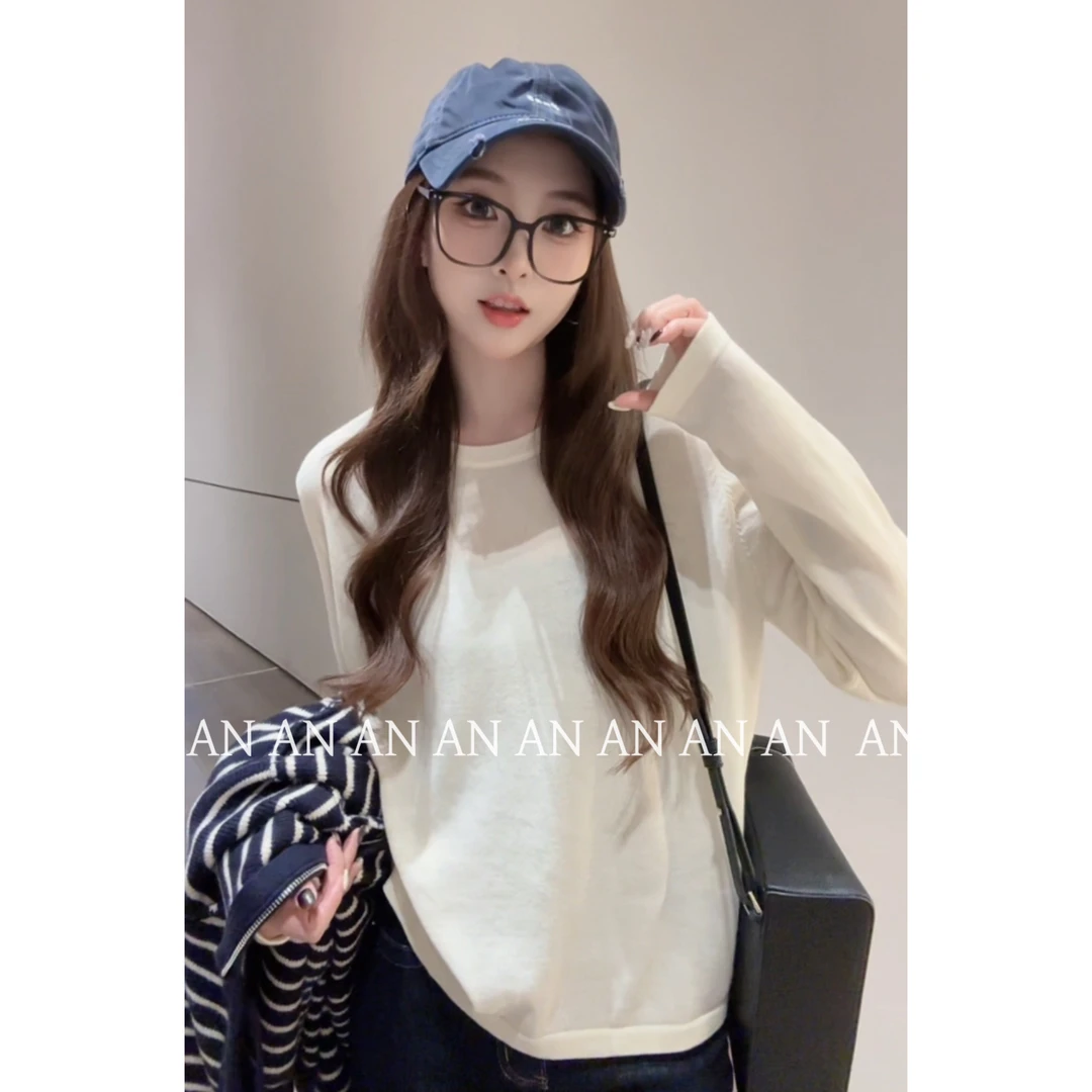 C07283简约慵懒风舒适柔软宽松套头纯色长袖打底针织衫