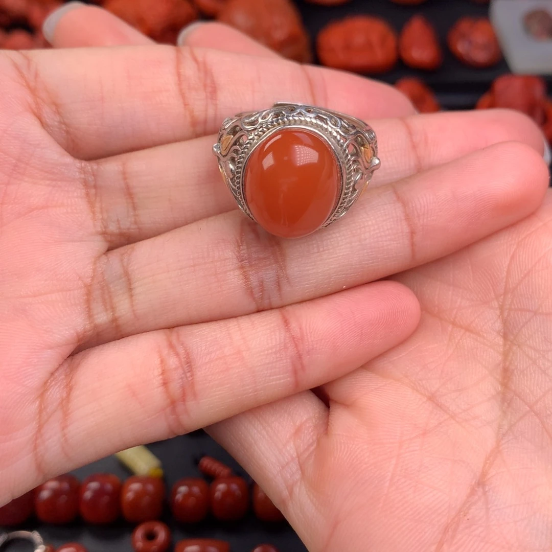 南红玛瑙戒指银S925镶嵌