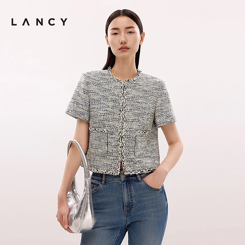 LANCY/朗姿2025夏新款高级气质法式小香风粗花呢短袖圆领短外套女