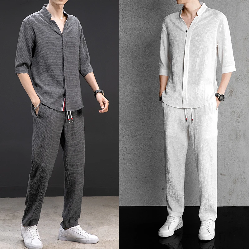 洋气休闲服男款夏装衣服套装运动男生冰丝薄款一整套爆款2025新款