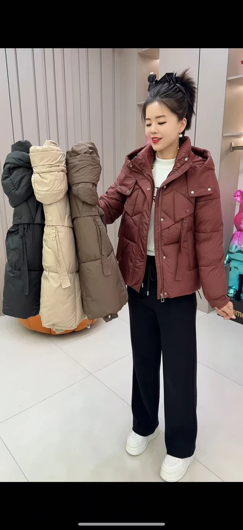 短款纯色保暖宽松型连帽飘带棉服