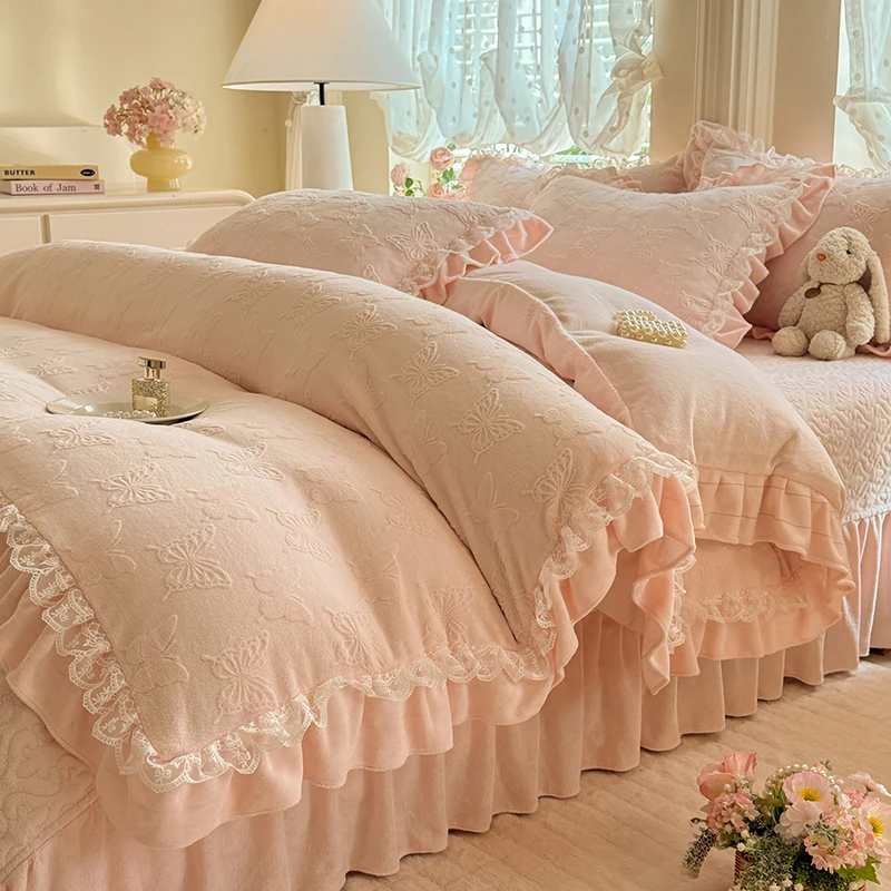 秋冬法式雕花牛奶绒四件套床单床盖款浪漫花边超柔软加厚床上用品