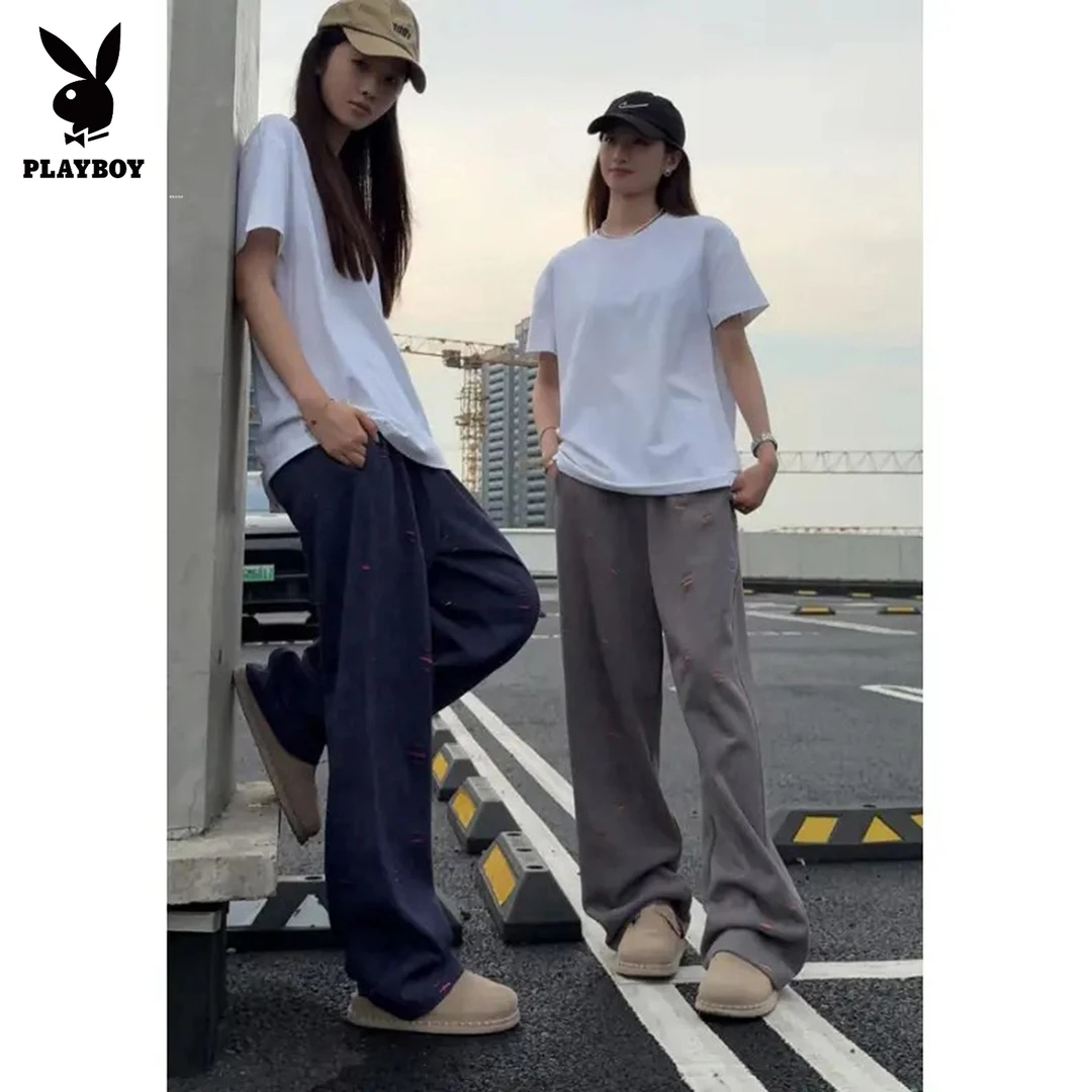 花花公子早秋新款长裤美式撞色休闲男裤宽松直筒裤男款重磅卫裤
