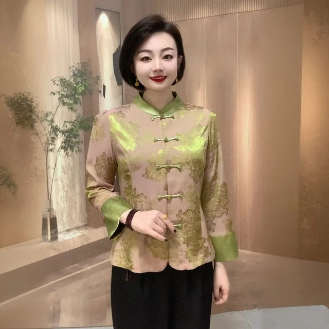 优雅气质短款上衣夏季新款复古盘扣中年妈妈装提花真丝缎开衫外套