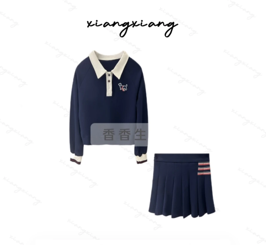 【香香专属】qc设计感学院风翻领刺绣套装2377