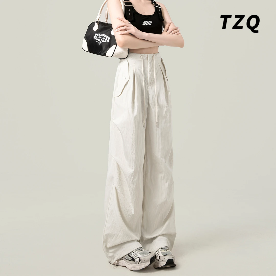 高腰直筒束脚工装裤女2024年夏季美式宽松运动裤百搭休闲阔腿裤子