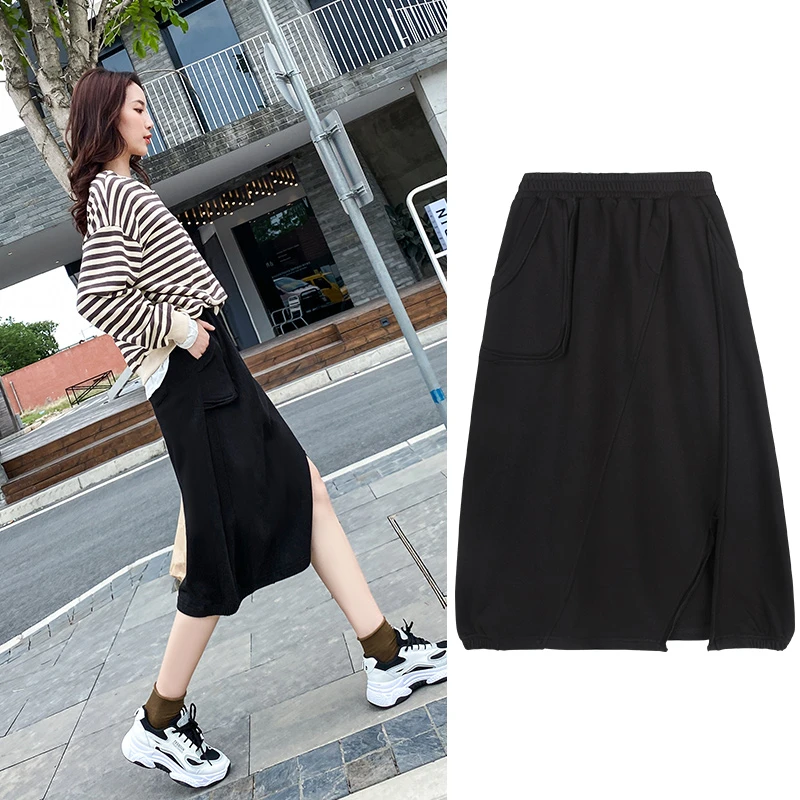 休闲半身裙女春秋中长款高腰百搭复古宽松大码黑色半裙开叉a字裙