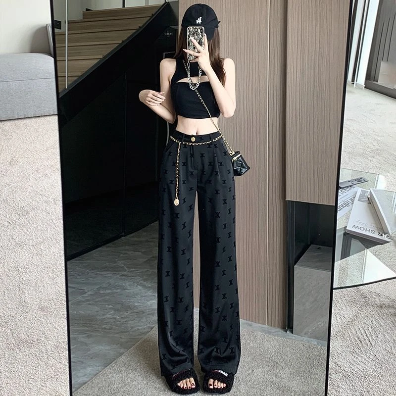 黑色植绒高腰宽松垂感阔腿裤夏季新款时尚链条休闲拖地长裤