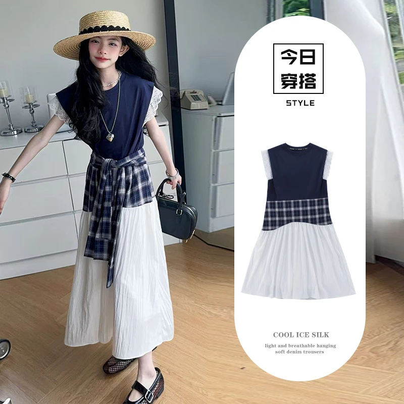 【甜野家】女童设计款蕾丝小飞袖拼接腰封叠穿连衣裙2025夏季中大童