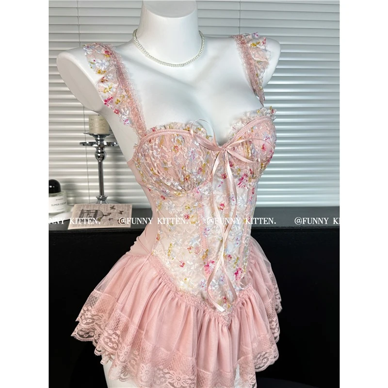 【密境丝语】 纯欲蕾丝碎花吊带睡裙女带胸垫聚拢显瘦连体裙