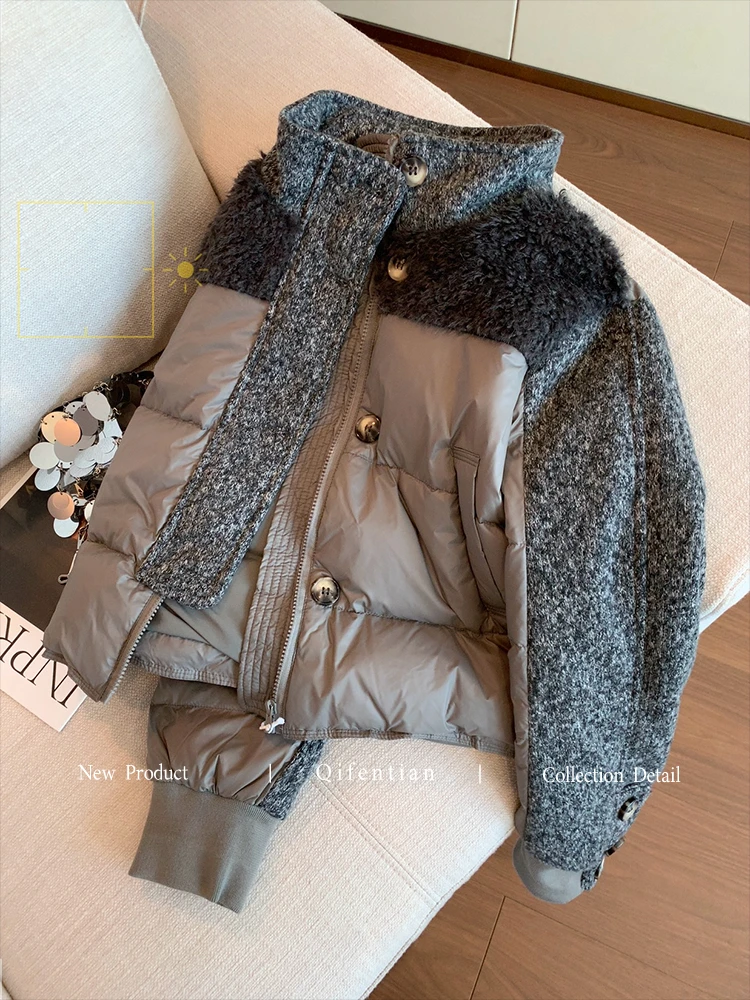 灰色针织拼接立领棉服外套女短款2025冬新款韩系百搭加厚保暖棉服