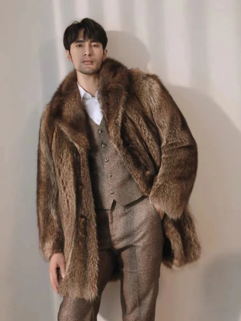 北美小浣熊西装中长款皮草大衣冬美洲貉皮毛一体外套