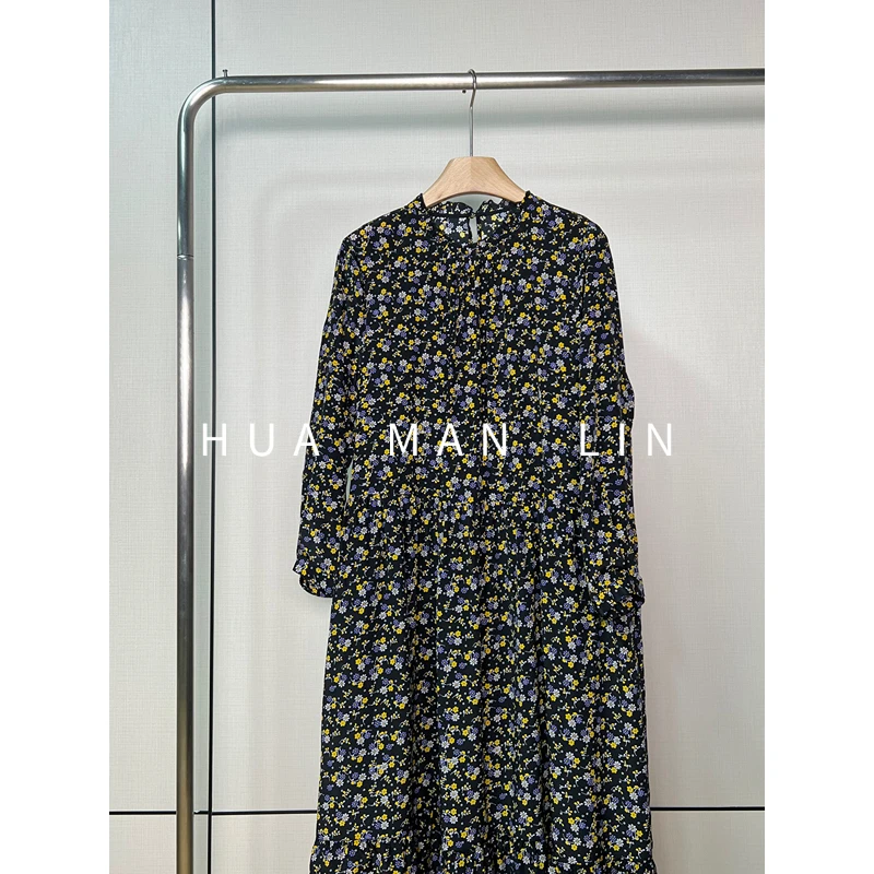 【花满林】小立领黑底灰黄碎花双绉真丝桑蚕丝连衣裙255548