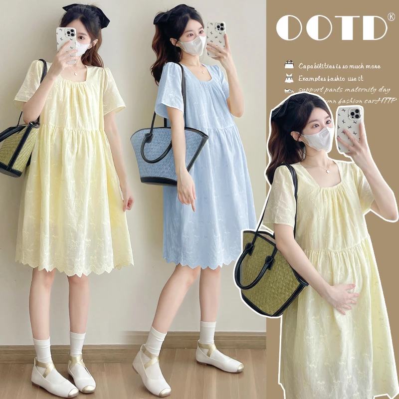 孕妇2025新款小个子显瘦刺绣简约时尚方领宽松大码夏季孕妇连衣裙