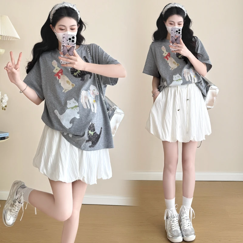 孕妇装2025春夏季新款动物印花外穿短袖上衣休闲显瘦孕妇裤裙套装