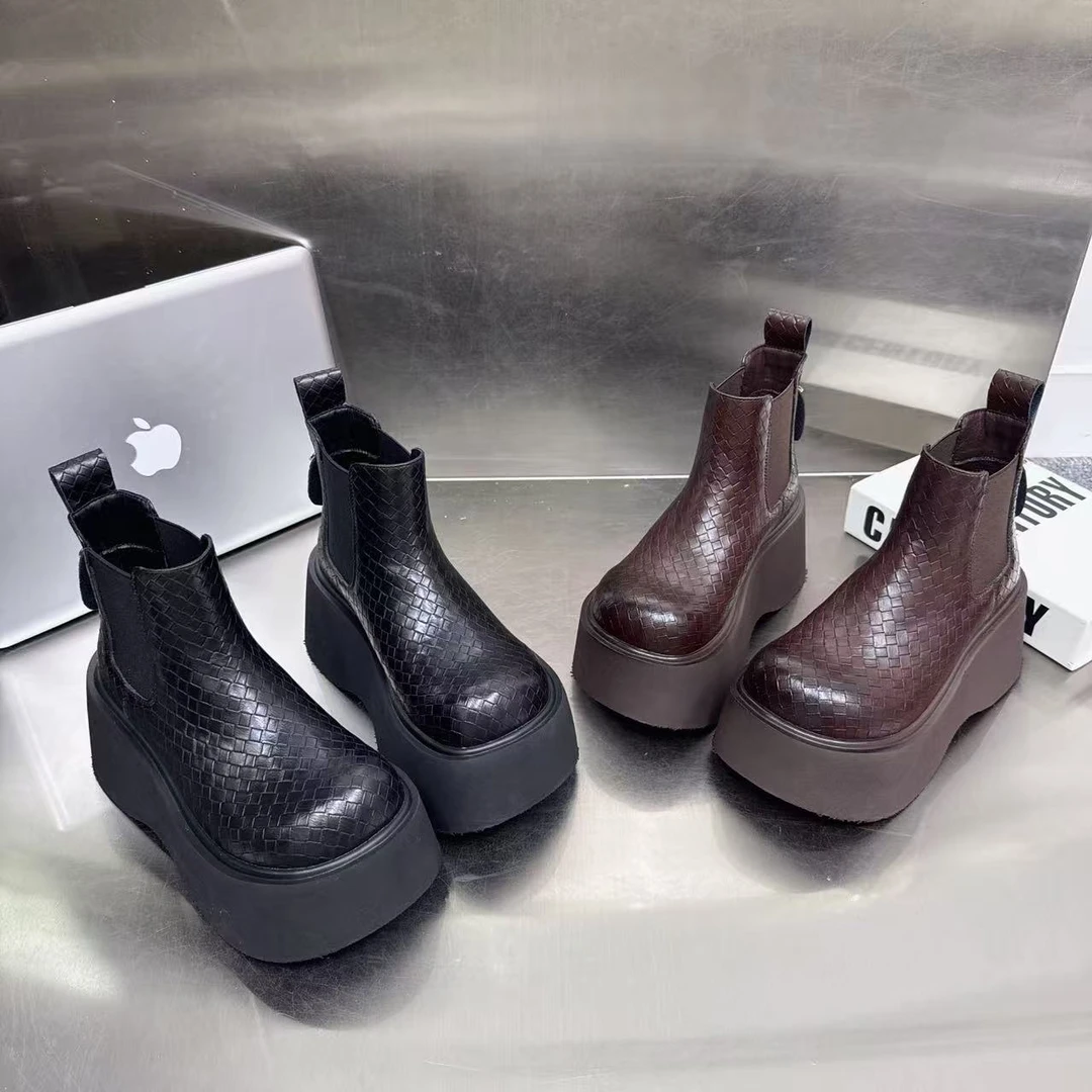 335-2新款欧货松糕厚底编织短靴时尚休闲百搭英伦风圆头秋季女士