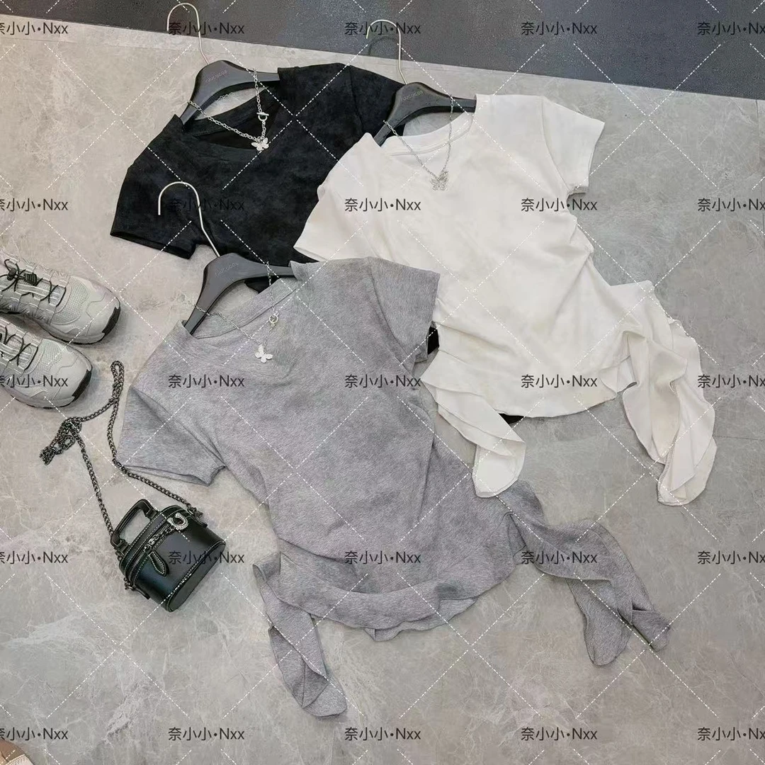 美式辣妹短袖t恤女夏2025新款V领修身显瘦不规则荷叶边洋气上衣