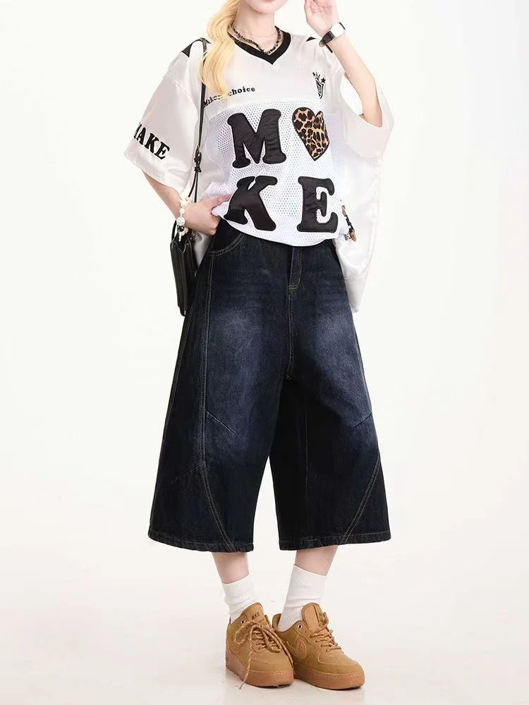 美式豹纹口袋七分牛仔裤夏季明线设计感直筒大码小众阔腿中裤子