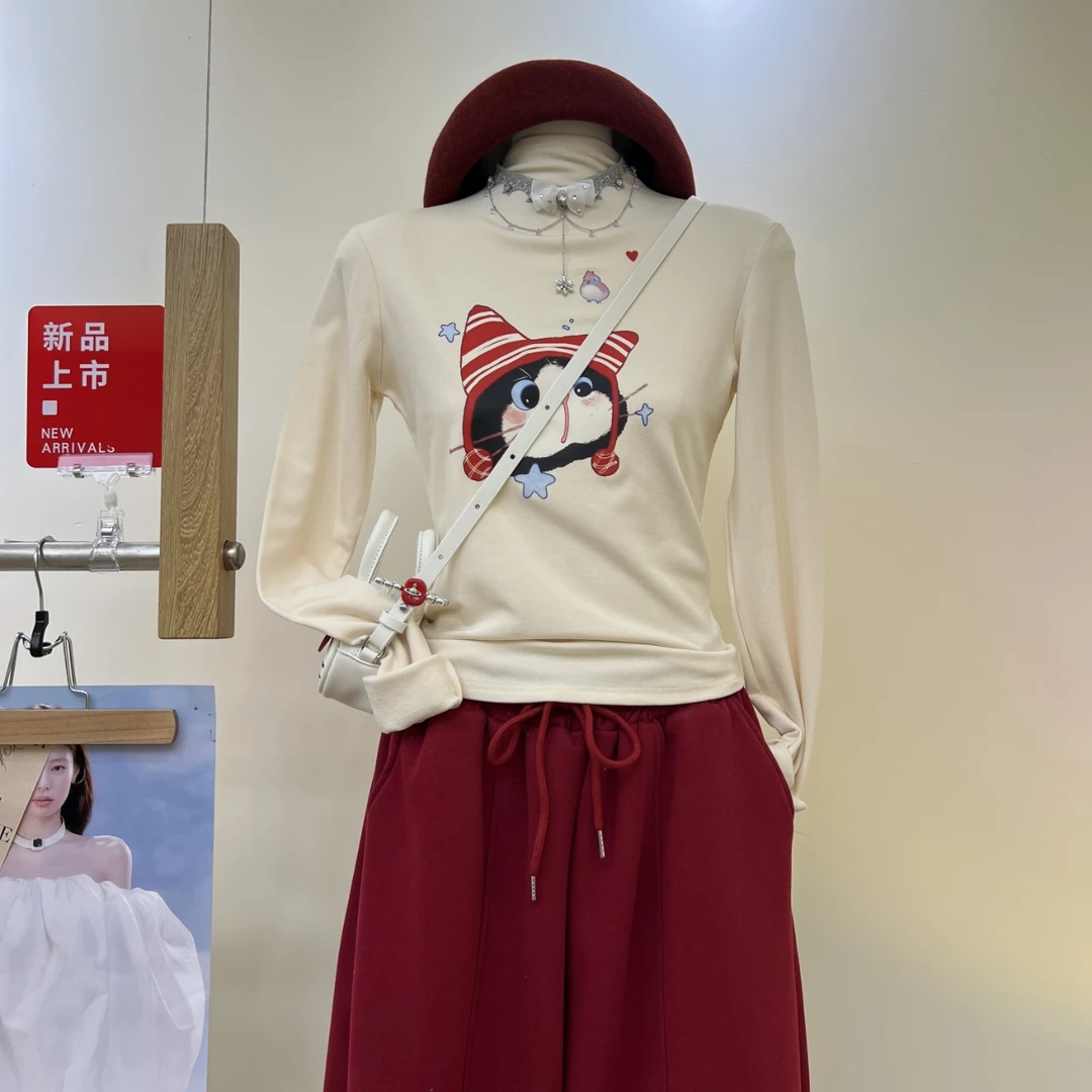 2025秋冬新款ins加绒加厚可爱猫咪印花宽松休闲长袖T恤上衣女