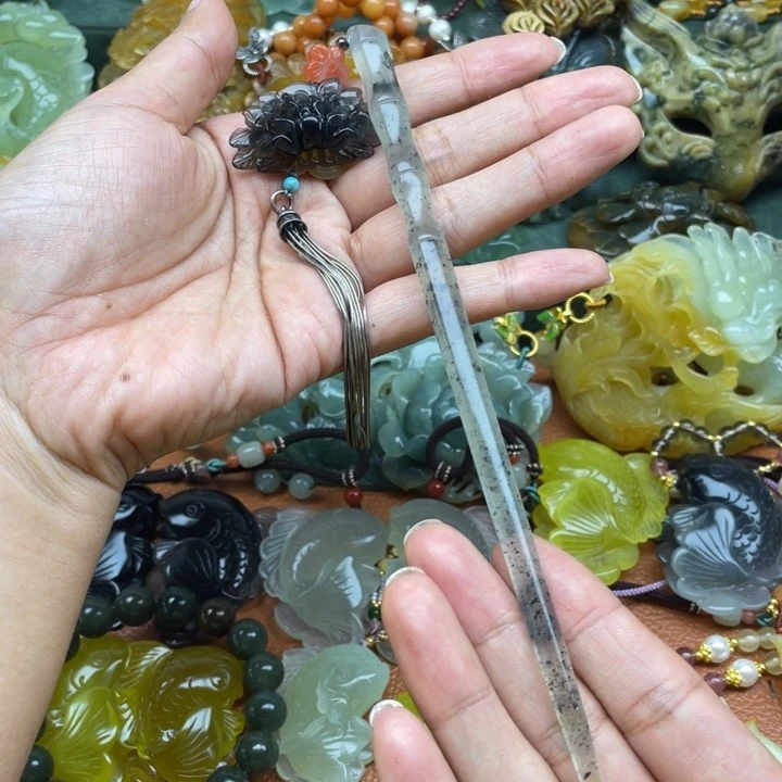 蛇纹石玉银S925镶嵌发簪