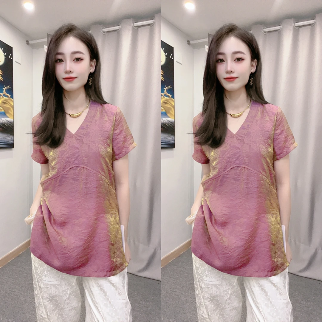 【大】必入款V领中长提花上衣繁花似锦风格人丝清爽舒适上衣