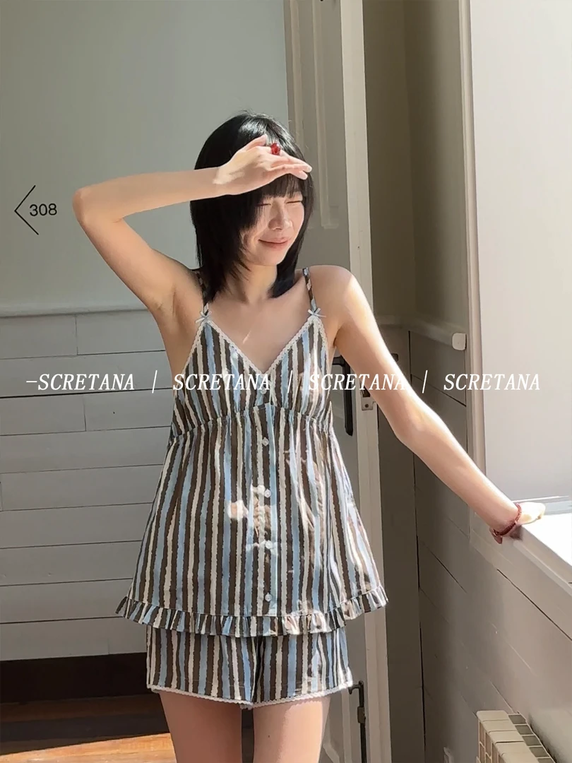 SCRETANA/安娜的秘密少女不晚夏季睡衣甜美条纹风吊带短裤家居服
