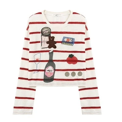 新款 红色条纹宽松型可爱图案印花圆领T恤显瘦慵懒风