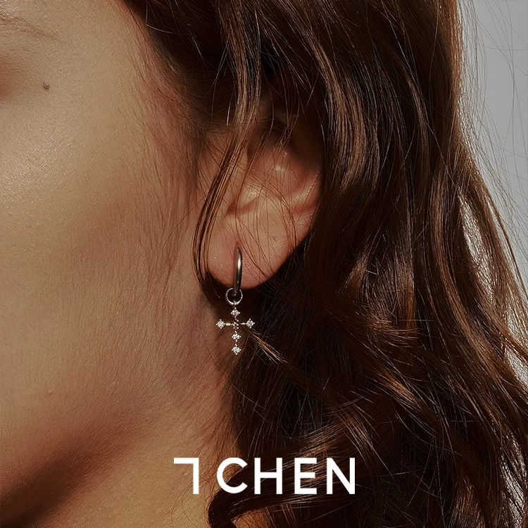 钛钢耳饰 7CHEN欧美小十字架耳圈