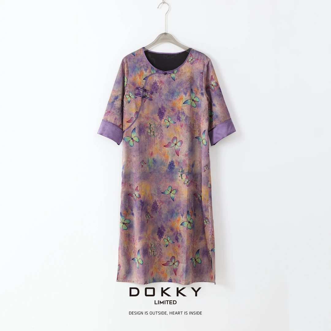 Dokky「母女装-藤萝蝶恋」暗纹刺绣.国风印花连衣裙LA0386