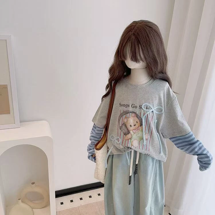 女童长袖T恤2025新款外穿洋气假两件儿童韩版袖小女孩百搭上衣潮