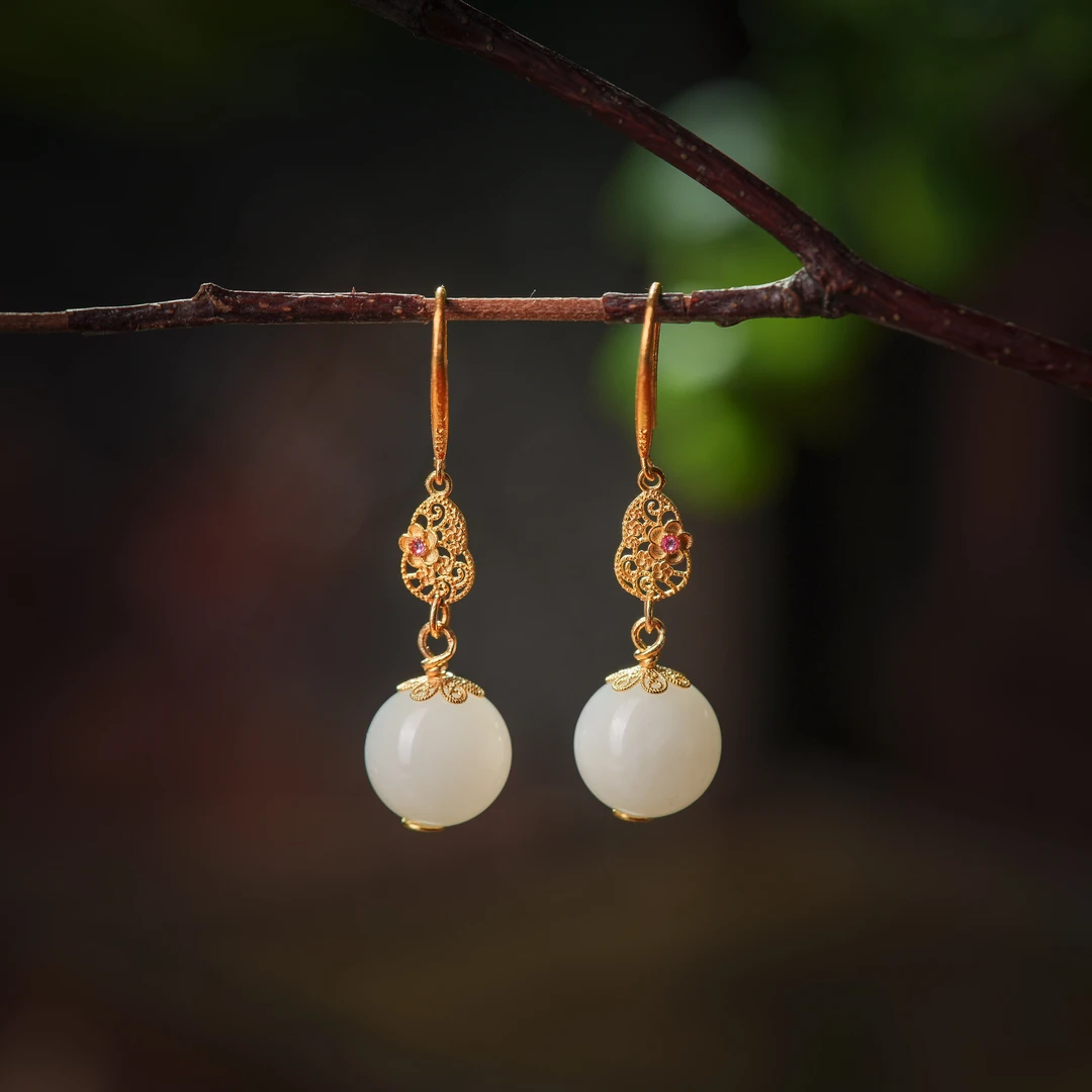 云合礼·典藏级和田玉羊脂级老料18K金耳坠AE0324约10mm