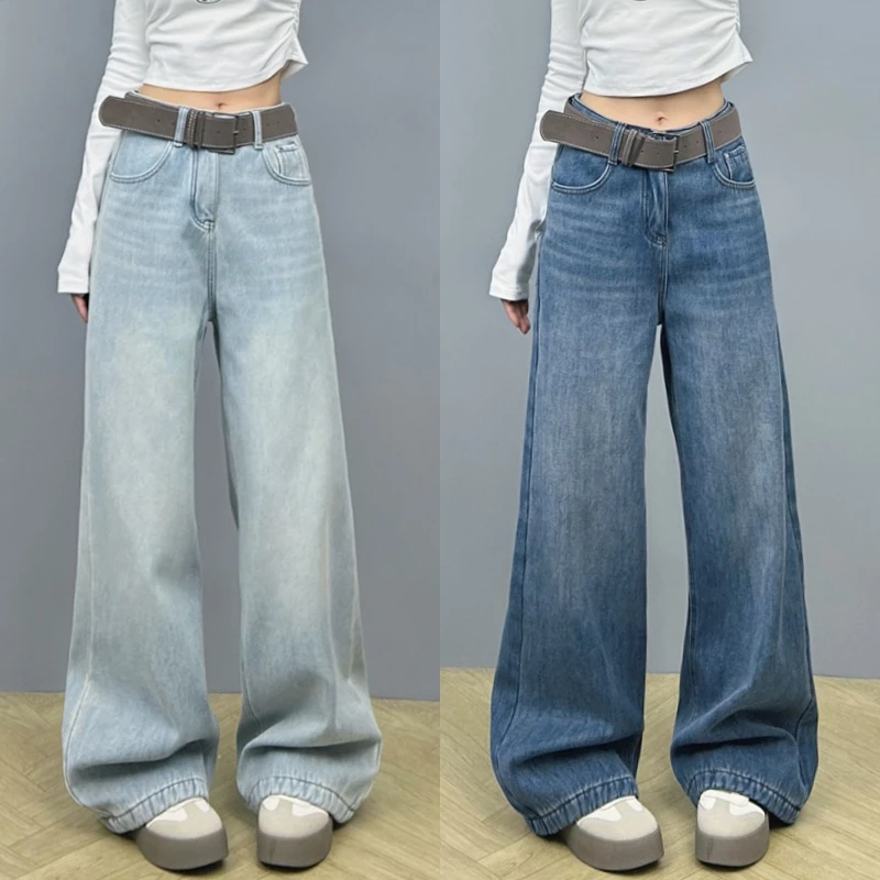 美式复古抓纹牛仔裤女2025春季新款宽松显瘦阔腿盖脚裤直筒拖地裤