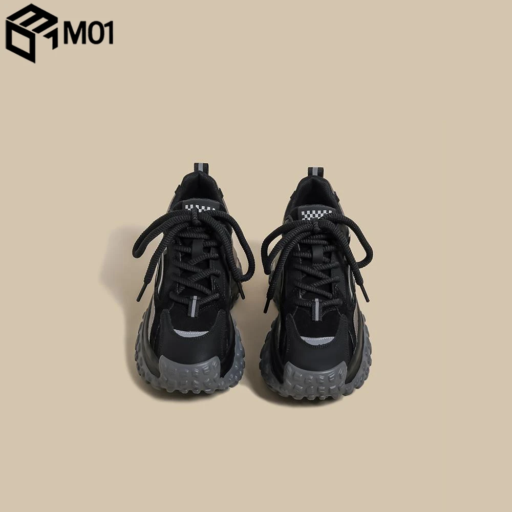M01厚底老爹鞋女2025春秋季新款加绒小码增高黑色轮胎复古运动鞋