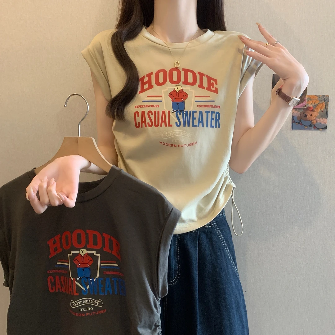 yoewshean/羽媗夏季大码胖mm修身褶皱飞飞袖短袖T恤显瘦欧货上衣