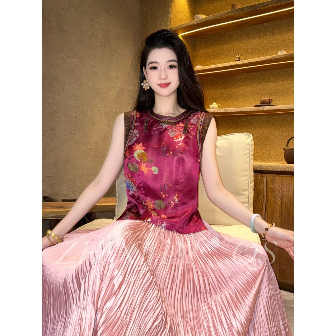 荷塘月色-25年早秋新款人丝香云无袖短款气质百搭新中式上衣