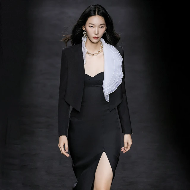 MAGGIE MA设计师款黑白拼接荷叶边叠层领知性优雅短款西装845C新