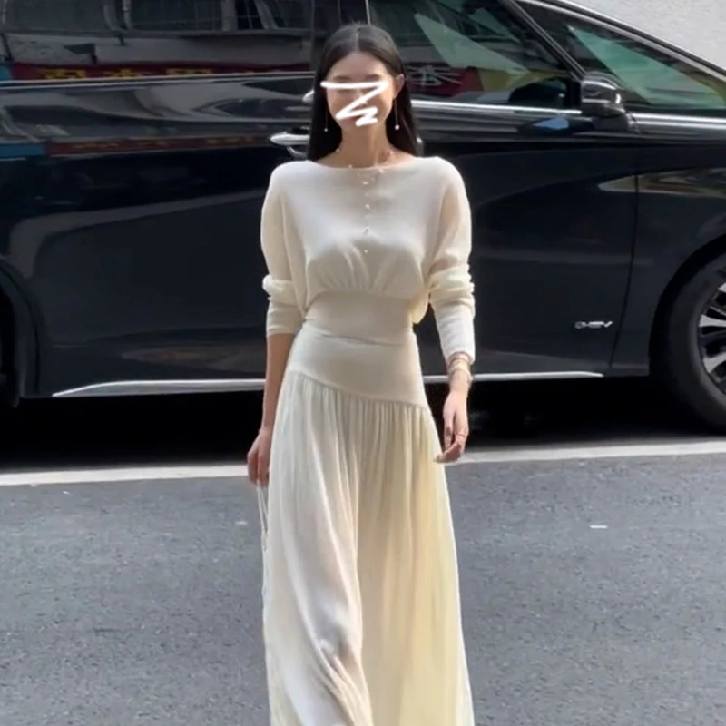 6146新款法式高级感白色连衣裙子女早春慵懒风清冷感穿搭套装长裙