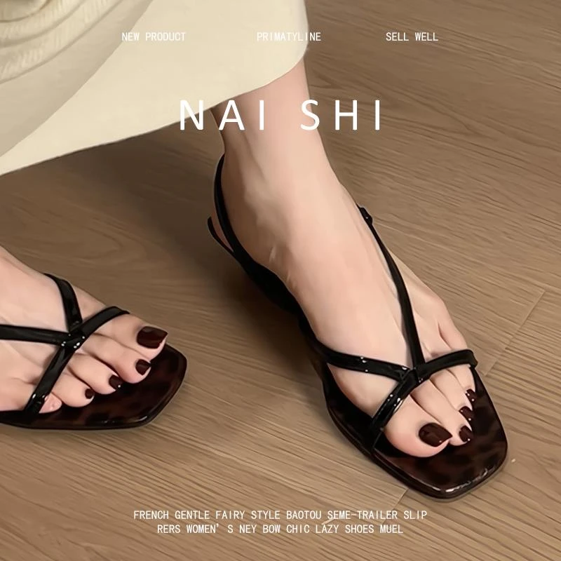 【韩国JTG&Shoes官方正品】法式方头坡跟露趾凉鞋女时尚气质一字带