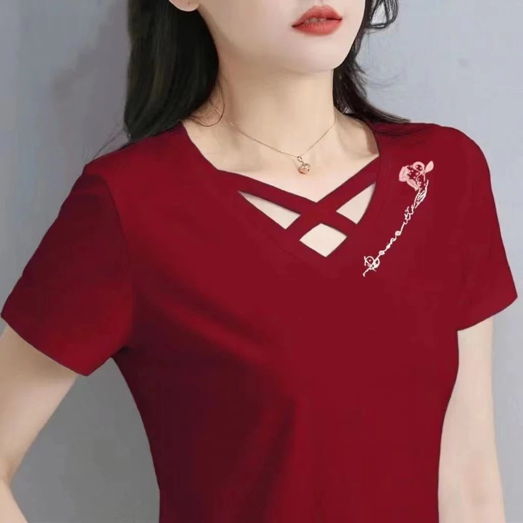 夏季新款V领交叉短袖2025女士t恤宽松遮肚子运动上衣潮流时尚百搭