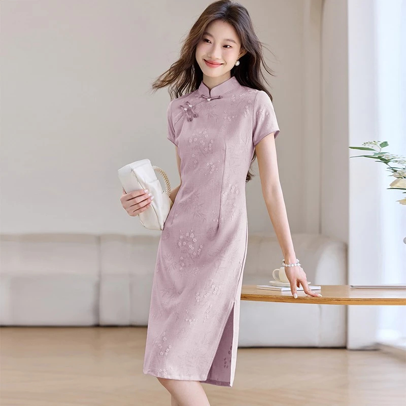 粉紫色改良旗袍夏季2025新款高端中国风优雅日常可穿新中式连衣裙