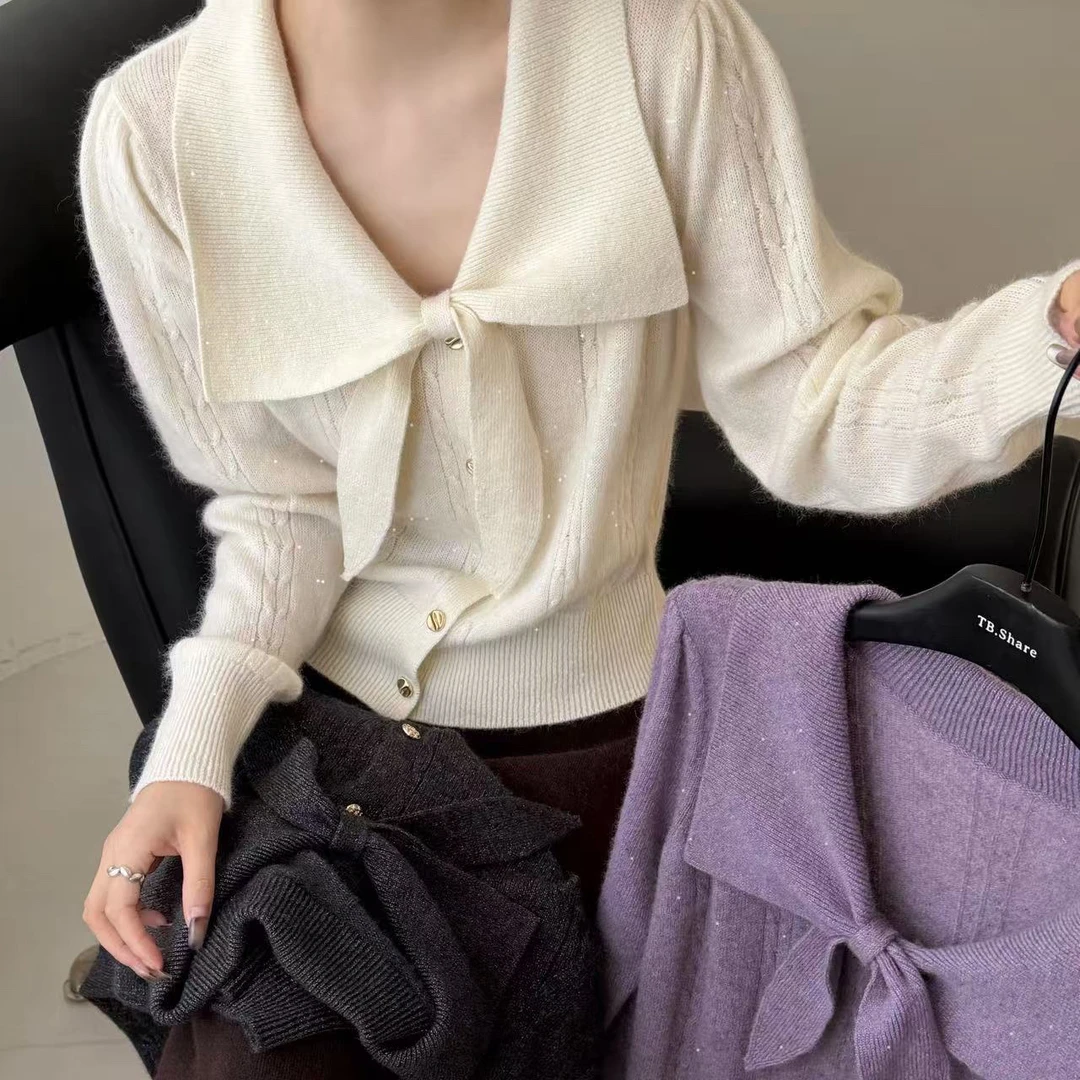 容容定制娃娃领蝴蝶结针织女娃娃毛针织衫毛衣气质甜美百搭146