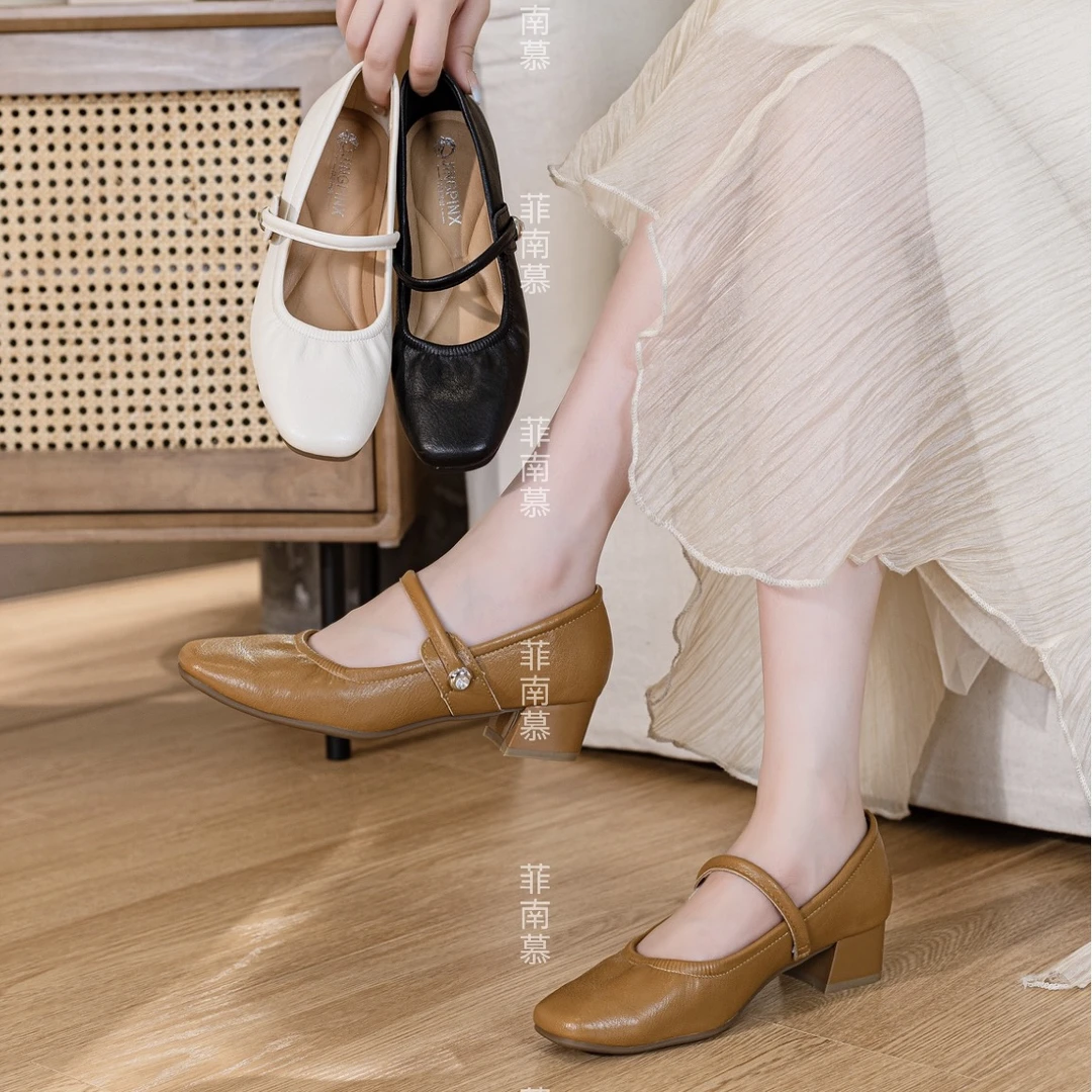 2025新款方头一字带浅口粗跟玛丽珍鞋女通勤百搭中跟单鞋2556