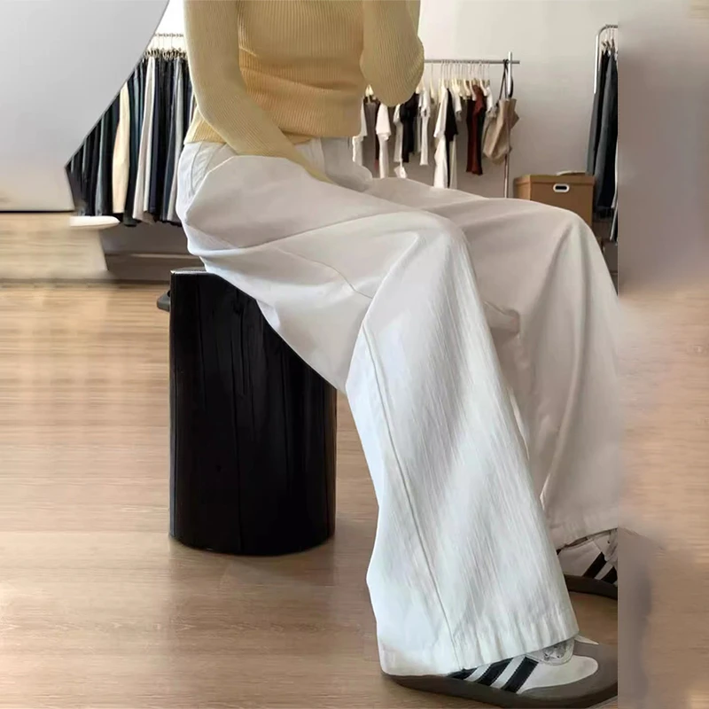 美式复古高腰宽松白色阔腿裤女2025春季新款肌理感褶皱直筒牛仔裤