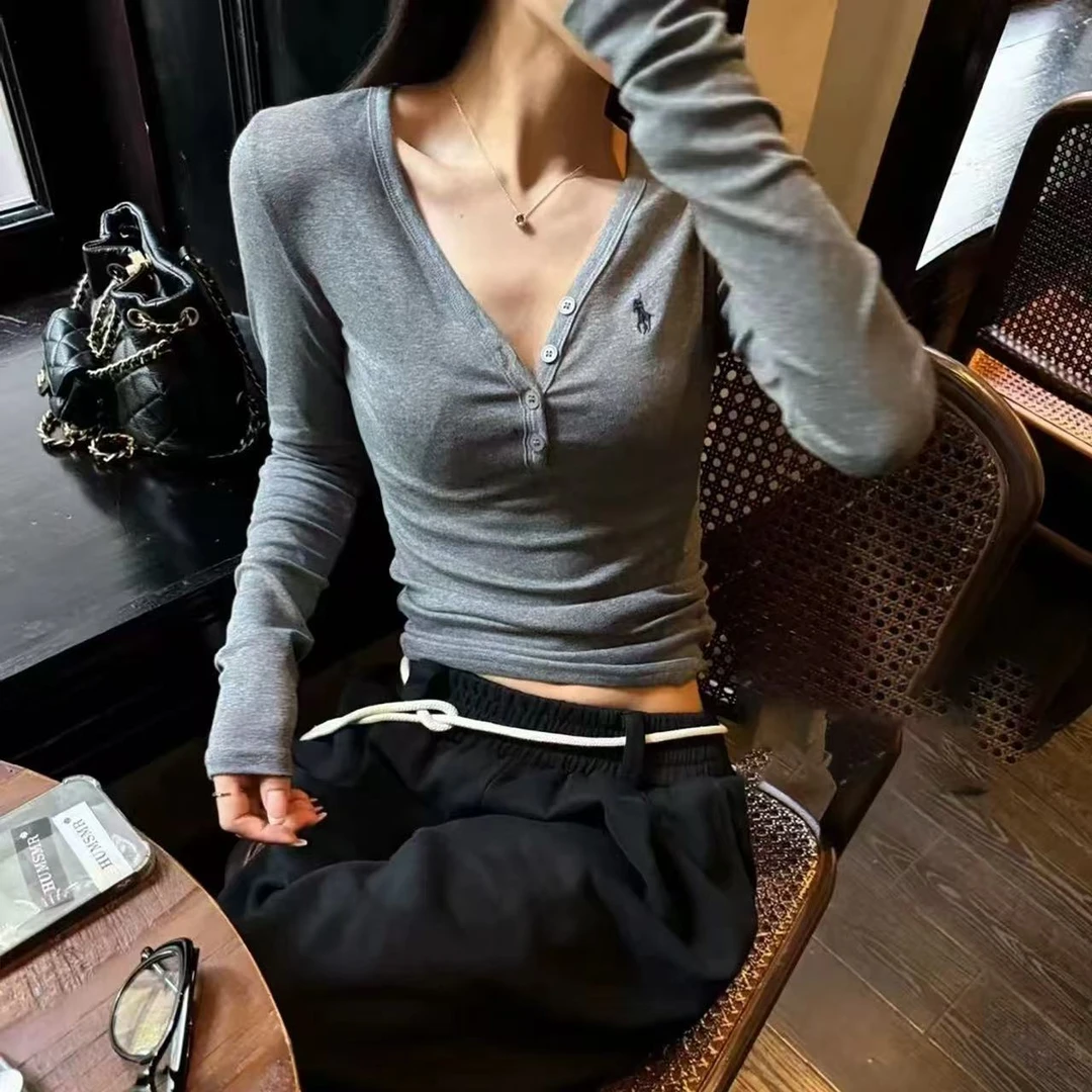 [DARUI]小马刺绣排扣长袖T恤新款修身显瘦打底衫百搭上衣5151