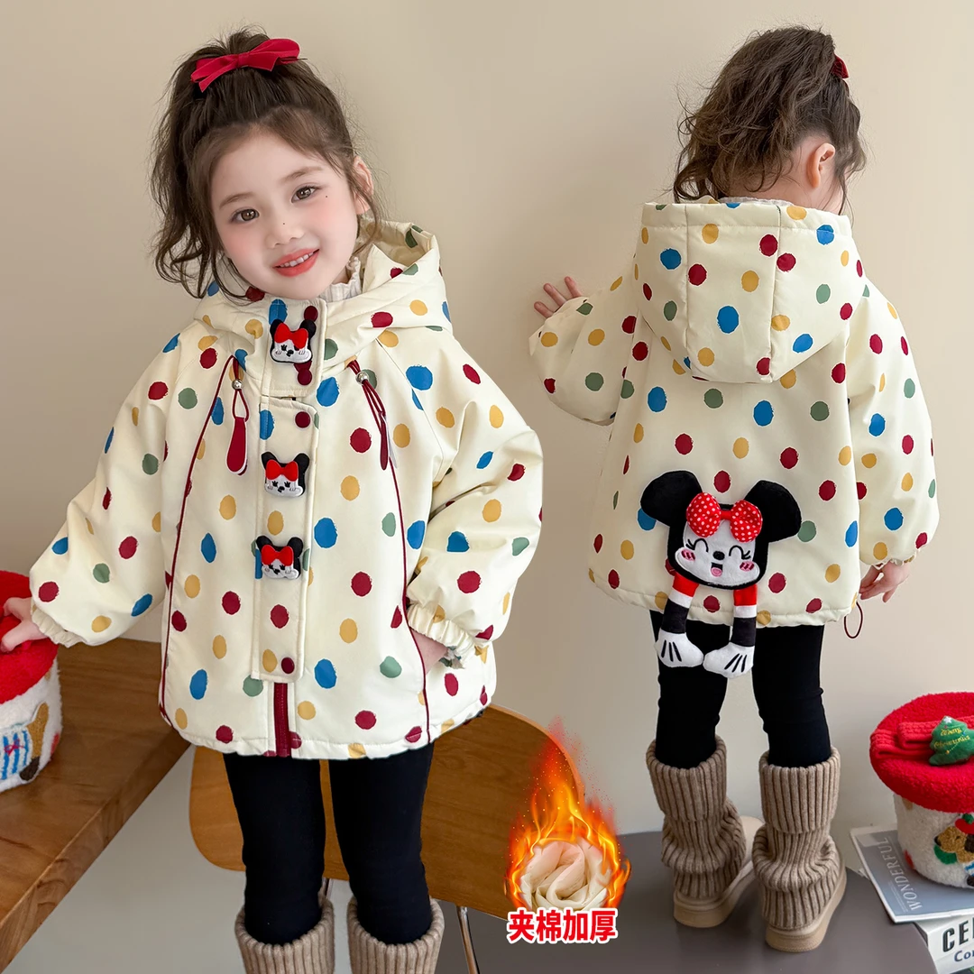 女童夹棉加厚卡通圆点连帽外套秋冬2025新款洋气女孩时髦保暖上衣