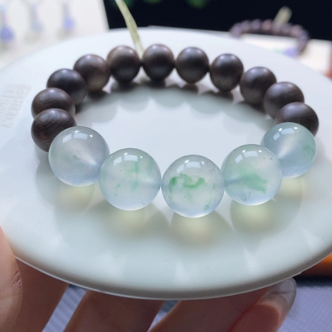 翡翠未镶嵌颈饰翡翠高冰飘金丝翠绿珠手串13+mm